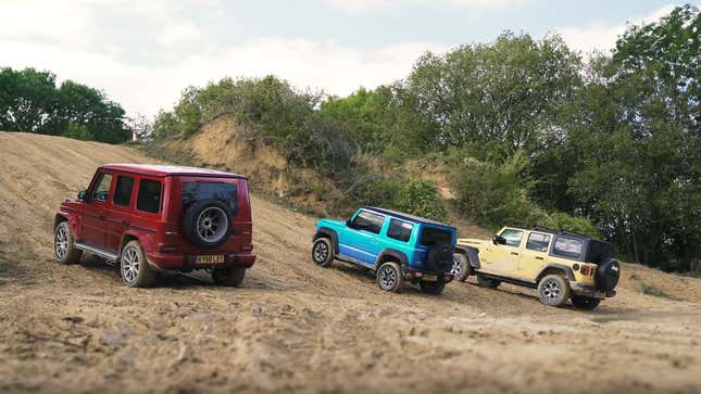 Image for article titled See How A Mercedes G-Class, Suzuki Jimny And Jeep Wrangler Fare In A Three-Way Challenge
