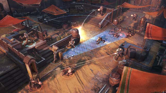 A soldier throws a grenade at monsters while another one readies an overwatch in Gears Tactics.
