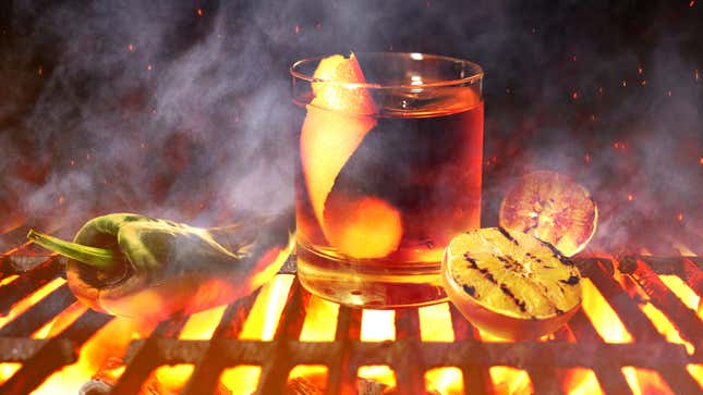 Illustration of Old Fashioned beside lemons and jalapenos on a fiery grill