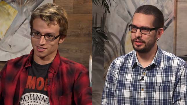 Chris Maldonado (left) and Colin Moriarty (right) during their respective appearances on Dave Rubin’s YouTube show. 