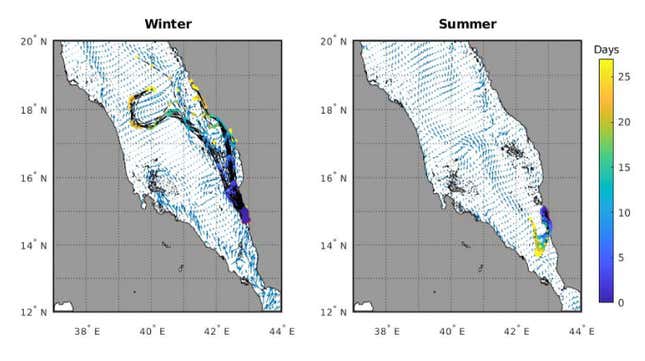 Computer simulations showing the possible spread of oil from the abandoned tanker.