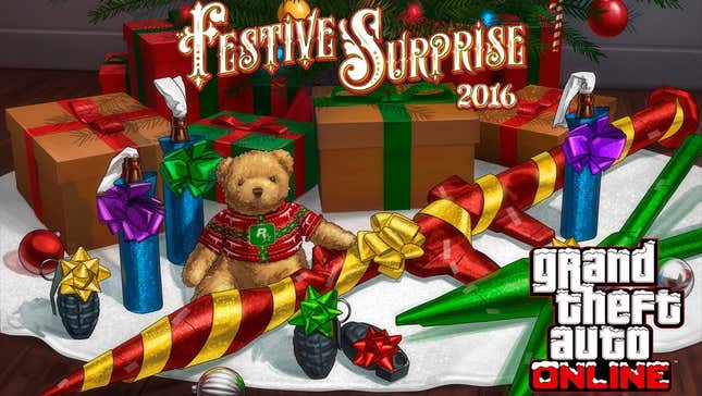 A promo image for an Christmas-themed GTA event featuring weapons wrapped up with bows.