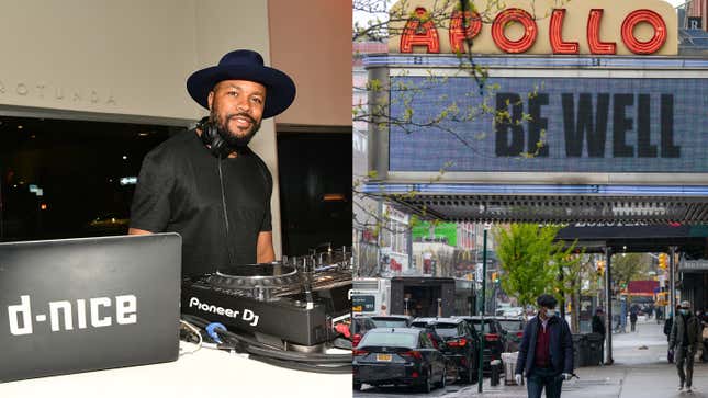 (L-R): DJ D-Nice performs on April 1, 2019 in New York City. ; A billboard at Harlem’s Apollo theater reads “Be Well” on April 24, 2020, in New York City. 