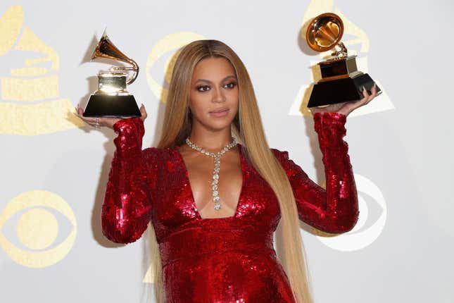 Beyonce, winner of Best Urban Contemporary Album for ‘Lemonade’ and Best Music Video for ‘Formation,’ poses in the press room during The 59th GRAMMY Awards at STAPLES Center on February 12, 2017 in Los Angeles, California