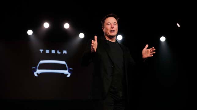 Elon Musk speaking at a Model Y launch event at Tesla’s design studio in Hawthorne, California on March 14, 2019.
