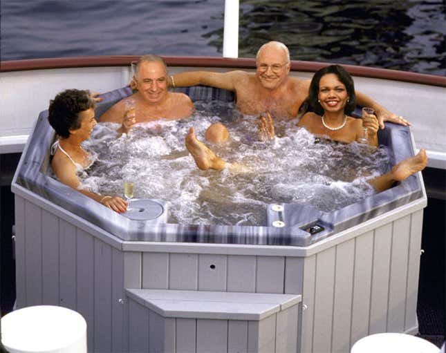 In a scene from the infomercial, Ahmed Chalabi, Vice President Cheney, and friends talk policy.
