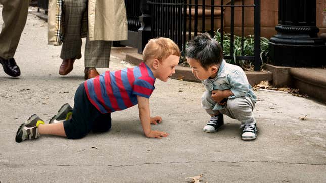 Image for article titled Pedestrians Passing Each Other On Sidewalk Stop To Let Children Sniff Each Other