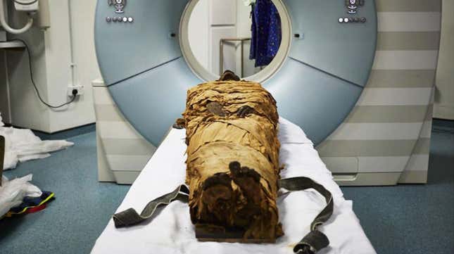 The mummified body of Nesyamun during CT scanning. 