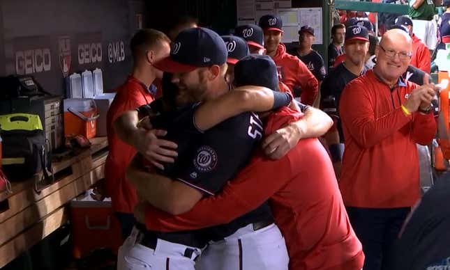 Image for article titled Stephen Strasburg&#39;s Teammates Must Keep Hugging Him Until His Icy Heart Melts