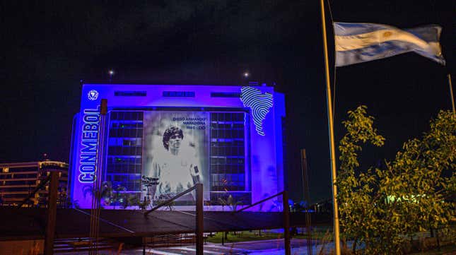 An image of late former football star Diego Maradona is displayed on the facade of the CONMEBOL building as a tribute after his death last week.