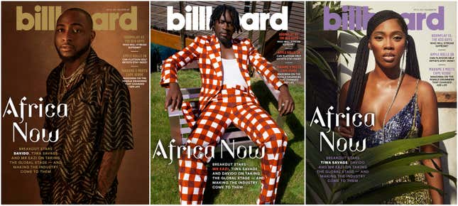 From L to R: Davido, Mr. Eazi and Tiwa Savage cover Billboard for the publication’s first issue devoted entirely to the continent of Africa.