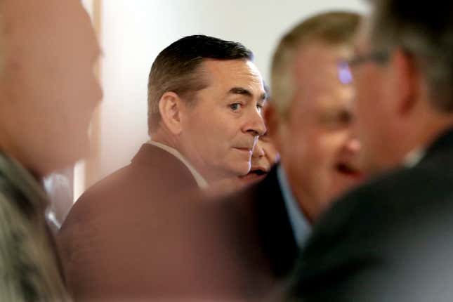 House Speaker Glen Casada, R-Franklin, center, talks with people before a meeting of the House Republican Caucus at a hotel Monday, May 20, 2019, in Nashville, Tenn