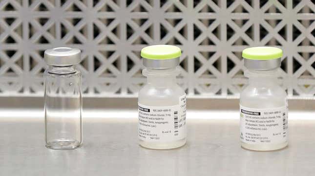 Vials used by pharmacists to prepare syringes for an experimental vaccine. 