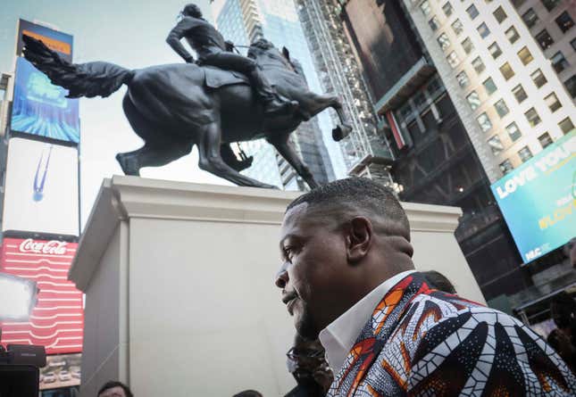 Visual artist Kehinde Wiley during the unveiling his first monumental public sculpture “Rumors of War” in New York City on Sept. 27,  2019,