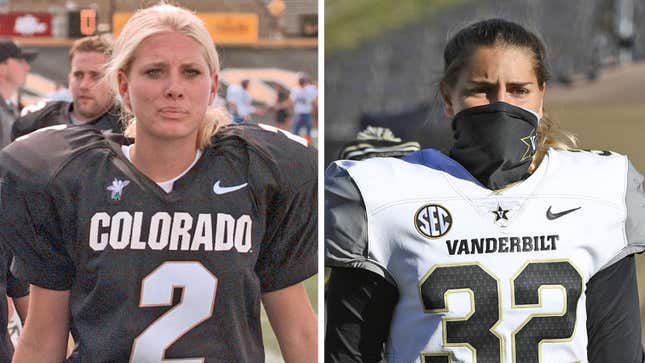 While Sarah Fuller (r.) has deservingly captivated the sports world this year, she was hardly the first woman to score in a college football game — that honor belongs to Katie Hnida (l.), who bore a heavy burden for her accomplishment.