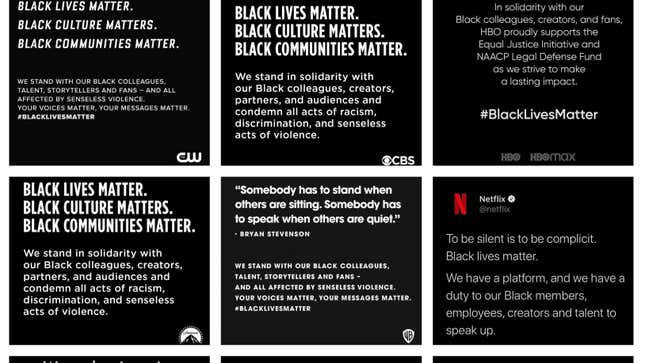 Black Lives Matter support via social media from networks and production companies such as The CW, CBS, HBO/HBO Max, Paramount, Warner Bros., Netflix, etc.