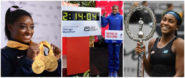 Simone Biles, left, poses with her Medal haul on Day 10 of the FIG Artistic Gymnastics World Championships in Stuttgart, Germany; Brigid Kosgei of Kenya poses for a photo after breaking the world record to win the 2019 Bank of America Chicago Marathon; Cori Gauff poses with the trophy after she won her WTA-Upper Austria Ladies final tennis match in Linz, Austria.