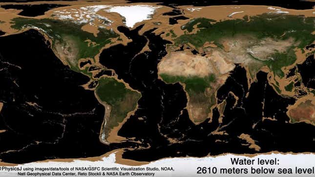 Imagen para el artículo titulado Esta animación muestra lo que verías si toda la superficie del agua en la Tierra desapareciera