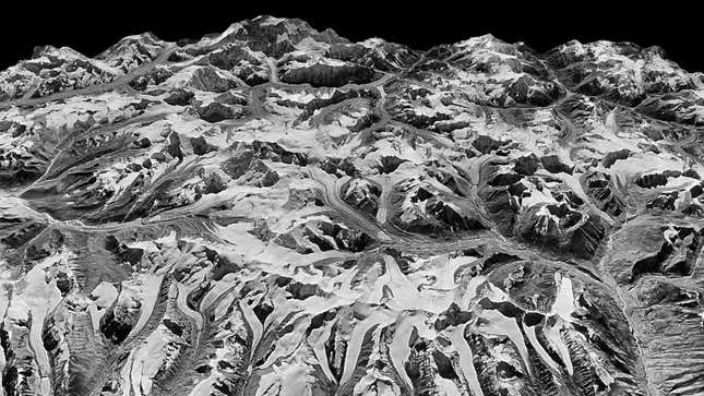 Oblique view of Himalayan landscape captured by a KH-9 HEXAGON satellite on December 20, 1975 on the border between eastern Nepal and Sikkim, India. There’s a 3D version available to explore as well.