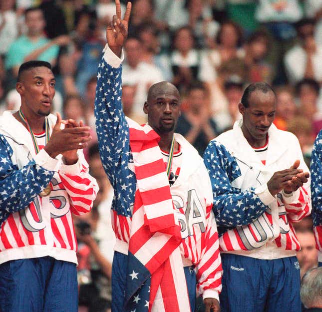 Michael Jordan wore an American flag over his shoulder to cover up a Reebok logo during the gold medal ceremony at the Barcelona Games in 1992.