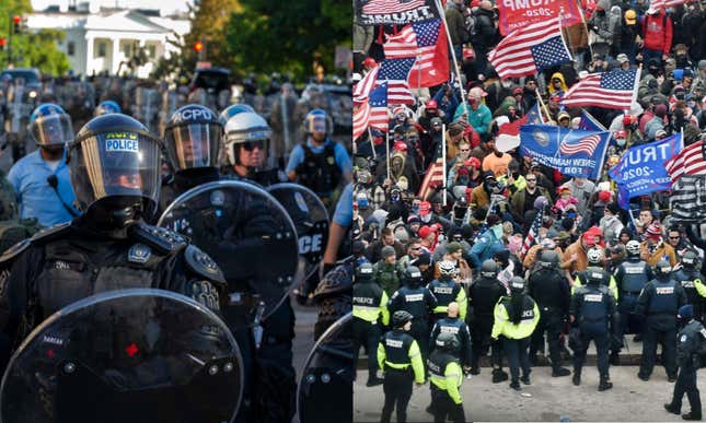 Left: Police officers in riot gear at anti-racism protests in Washington D.C. on June 1, 2020. Right: Trump supporters face off with police in Washington D.C. on January 6, 2021. 