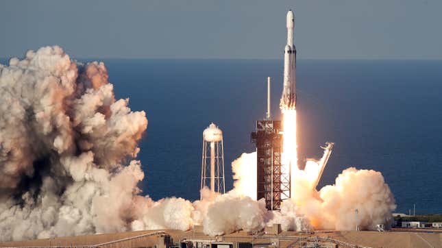 A SpaceX Falcon Heavy launching a communications satellite from Kennedy Space Center in Cape Canaveral, April 2019.