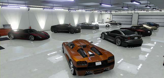 A garage in GTA Online filled with fast cars.