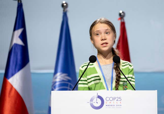 Swedish environment activist Greta Thunberg gives a speech at the plenary session during the COP25 Climate Conference on Dec. 11, 2019 in Madrid, Spain. 