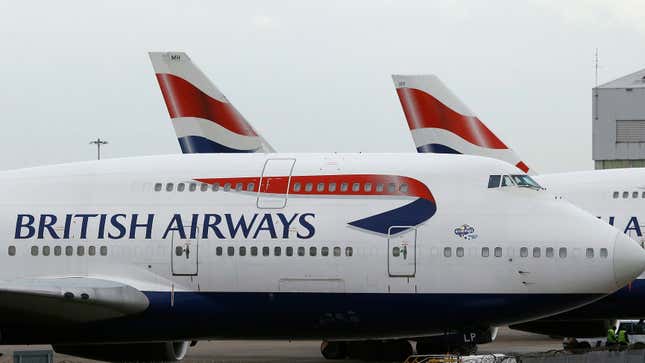 British Airways planes parked at Heathrow Airport in London.