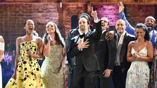 The cast of Hamilton performs onstage during the 70th Annual Tony Awards on June 12, 2016, in New York City. 