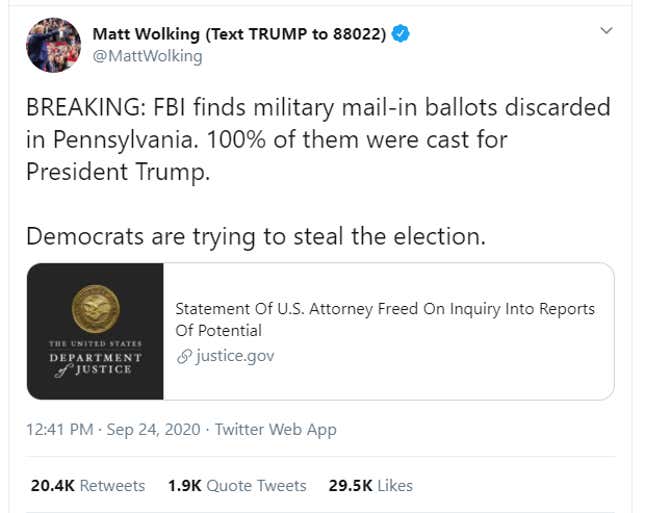 DOJ later revised its statement, saying two of the ballots were not cast for President Trump.