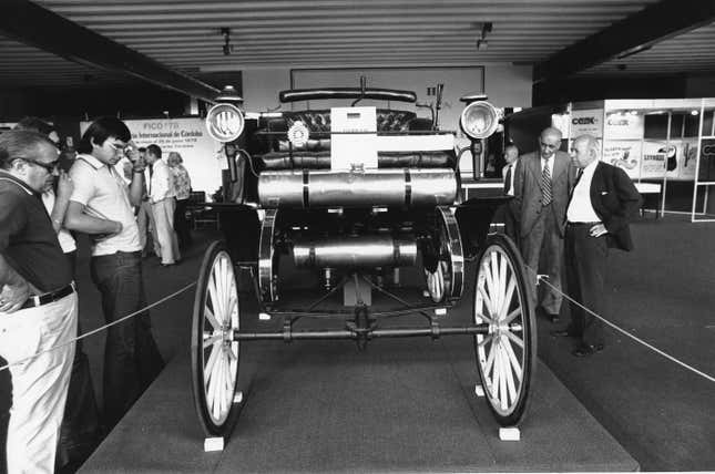 This is a photo of the original 1891 gasoline-engined Daimler automobile shown at an exhibition in Cordoba, Spain, in June 1978. In 1885, Karl Benz and Gottlieb Daimler developed an internal combustion engine, building the first motorcycle and cars using gasoline.