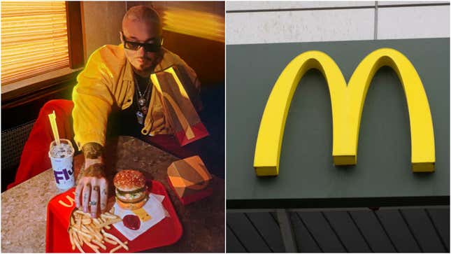 Left: J Balvin posing with his signature McDonald's meal. Right: McDonald's logo