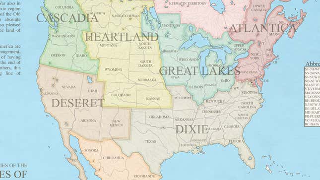In this fictional map, by 1930, the U.S. is broken into nearly 80 states after annexing Canada and Mexico. In order to govern its vast, culturally-divided North America, states are grouped into ideologically-similar territories with regional governments. Mormons instate a democratic theocracy in the Southwest, descendants of Confederate veterans claim “Dixie,” and the Northeast is mushed into Canada in a grouping of leftover states.