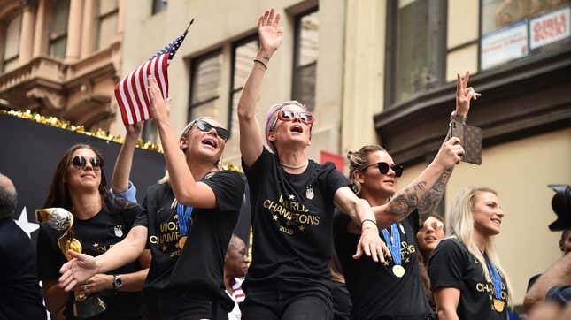 Image for article titled U.S. Women&#39;s Soccer Team Chants &#39;Equal Pay!&#39; During Ticker Tape Parade