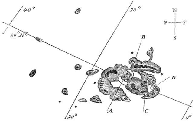 A black-and-white sketch by Richard Carrington shows the points where two bright dots appeared on the Sun's surface.