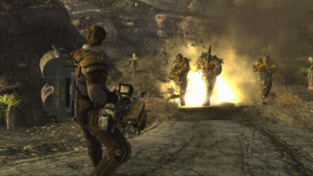 A player fires at advancing super mutants.