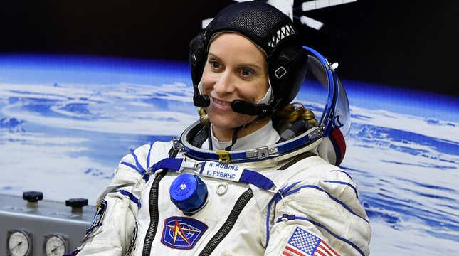 U.S. astronaut Kate Rubins smiles on as her space suit is tested at the Russian-leased Baikonur cosmodrome on July 7, 2016. She told the AP on Friday that she would be casting her vote from space for this November’s presidential election.