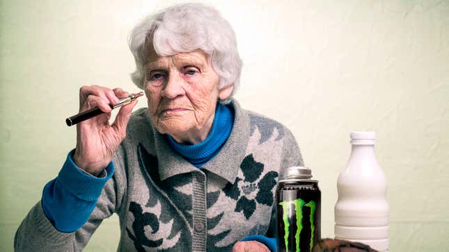 Image for article titled Field Of Demography Collapses After 92-Year-Old Woman Buys Monster Energy Drink And Sweet Fusion Vape Juice