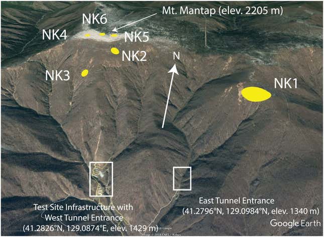 Satellite view of Mount Mantap, the site of the nuclear tests. The exact location of each test, designated from NK1 to NK6, are shown in yellow.