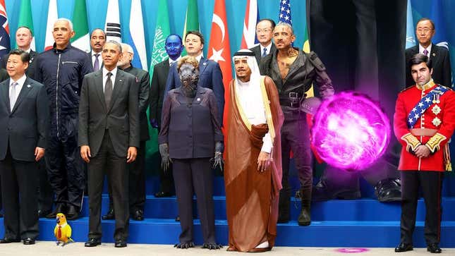 Obama poses for a photo with visiting alternate world leaders, including Master Command Droid Barack O-3, Supreme Leader Dukakis, and some 1,500 single-celled dignitaries.