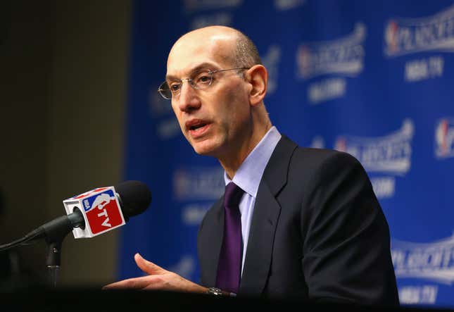 Adam Silver the NBA Commissioner talks to the media before the start of the Oklahoma City Thunder game against the Memphis Grizzlies in Game 4 of the Western Conference Quarterfinals during the 2014 NBA Playoffs at FedExForum on April 26, 2014 
