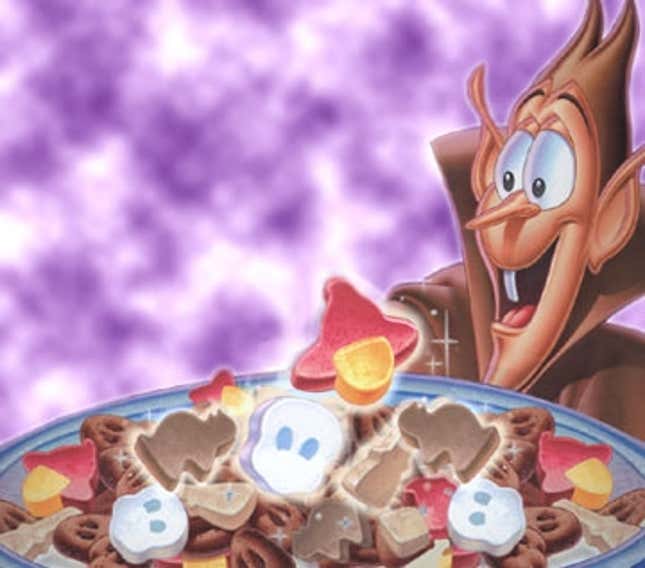 Count Vladimir Elysius von Chocula eyes a bowl of his eponymous breakfast cereal.