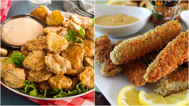 Image for article titled Point/counterpoint: What’s the best shape of fried pickles?