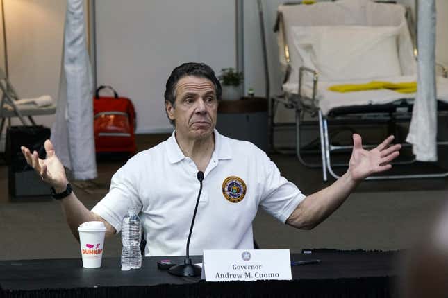 New York Gov Andrew Cuomo gives a daily coronavirus press conference in front of media and National Guard members at the Jacob K. Javits Convention Center, which is being turned into a hospital to help fight coronavirus cases on March 27, 2020 in New York City. Cuomo will be requesting authorization for four additional hospital sites amid COVID-19 coronavirus outbreak. 