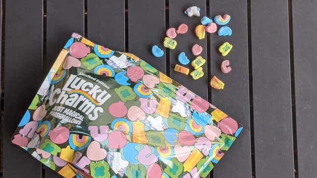 Bag of Lucky Charms Just Magical Marshmallows spilling out on table