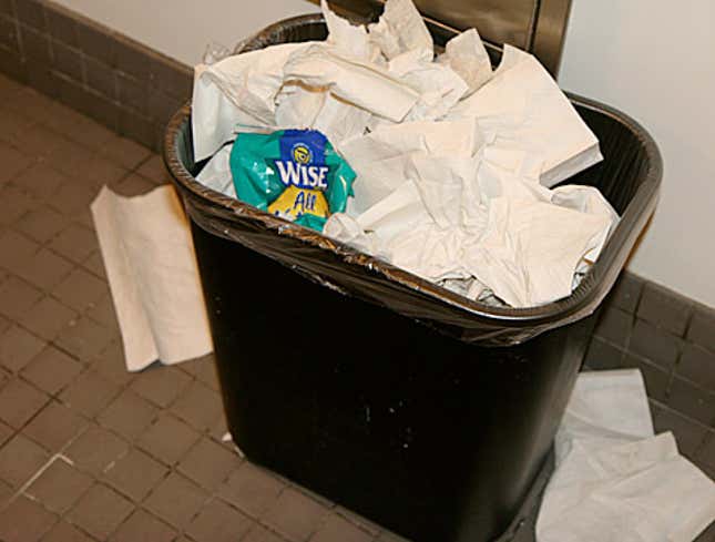 Image for article titled Crumpled-Up Potato Chip Bag Spotted In Bathroom Trash Can