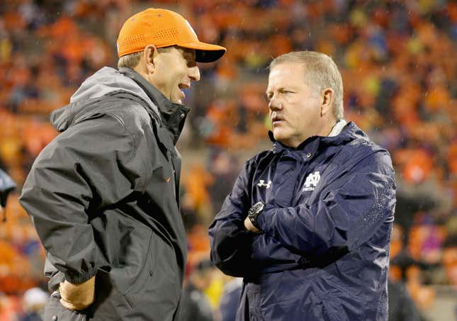 Clemson’s Dabo Swinney, left, and Notre Dame’s Brian Kelly have failed at protecting the interests and well-being of their players.