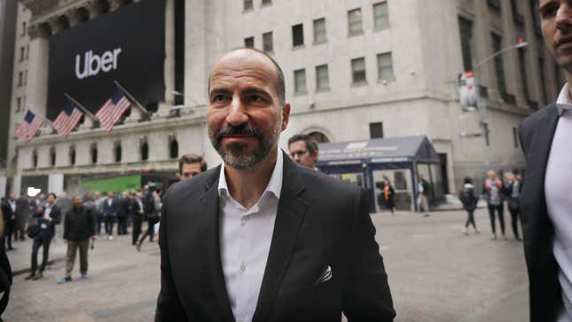 Uber CEO Dara Khosrowshahi walks outside of the New York Stock Exchange on May 10, 2019