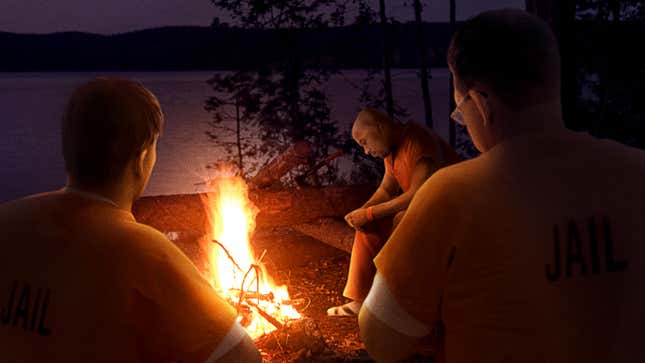 Image for article titled Friends Camping Out In Woods Just Happy To Escape The Daily Grind Of Federal Prison